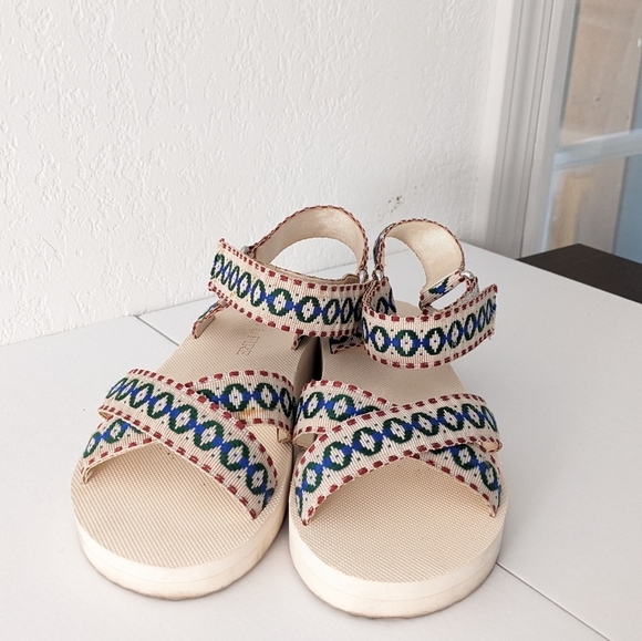 Miss L Fire Shoes - Miss L Fire Summer Sandals with Patterned Straps Blue Red Teva Style
